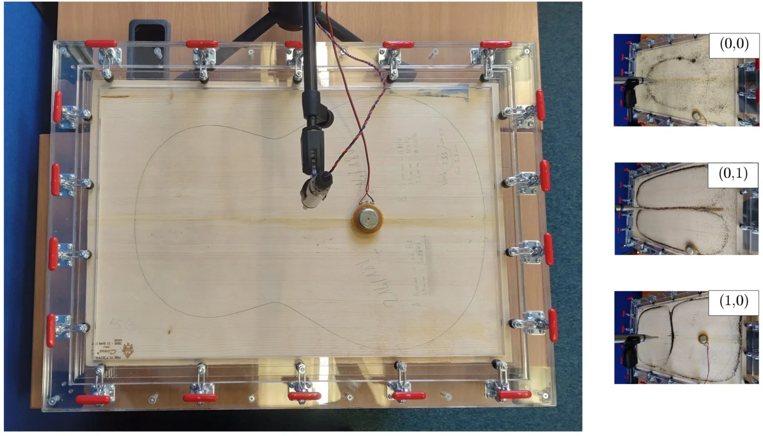 Clamped guitar top in plexiglass frame with Chladni patterns