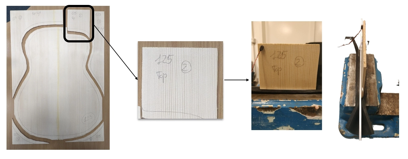 Guitar plate with leftover sample identified and clamped in cantilever boundary conditions