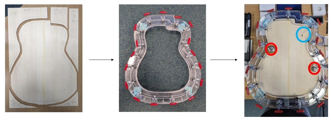 Guitar top plate, clamping frame, and measurement setup with exciter and accelerometer positions