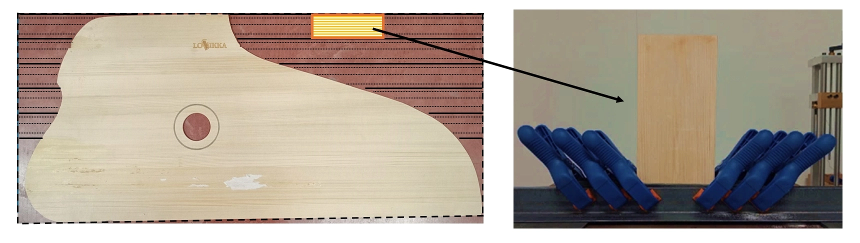 Kantele top plate with leftover sample identified and clamped in cantilever conditions